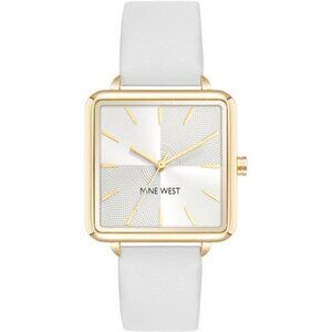 Nine West Womens Strap Watch Silver Dial Gold Markers White Faux Leather